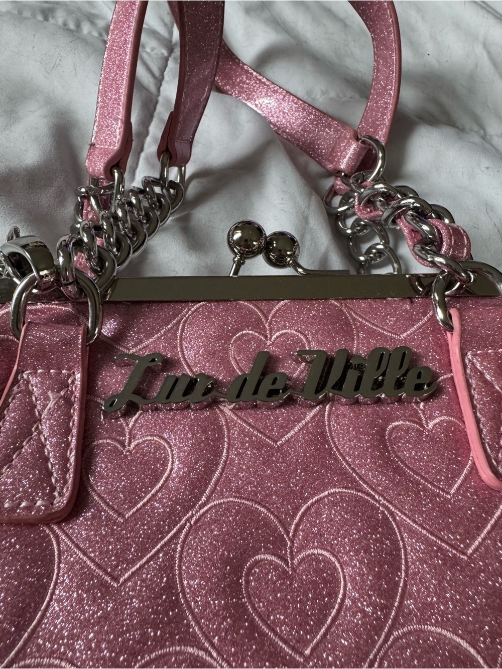 Lux de Ville Glitter Pink Heart Mini Satchel with Silver Hardware